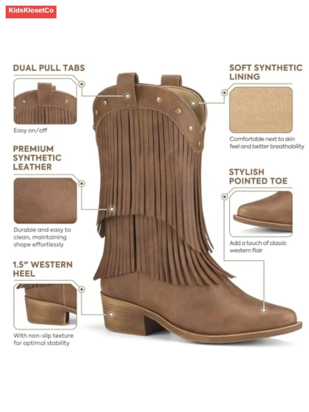 Girls Cowboy Boots with Tassel, Fringe Cowgirl Boots, Snip Toe, TPR Outsole,